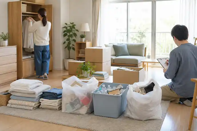 引っ越し前の家具や段ボールを品目ごとに整理し処分方法を確認している自然な片付け風景