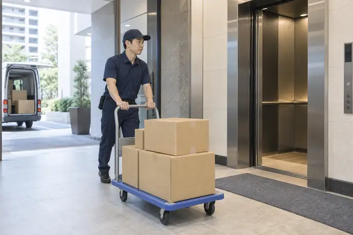 タワーマンションの搬入口から台車で荷物を運ぶ軽貨物ドライバーの仕事風景