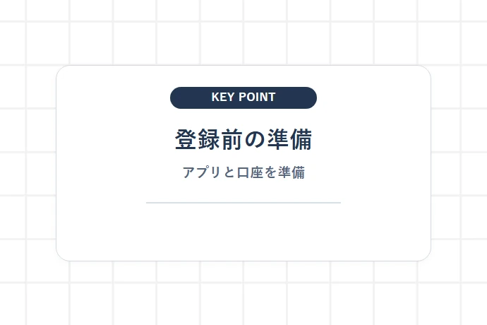 利用前の準備と登録「登録前の準備、アプリと口座を準備」を解説した図解