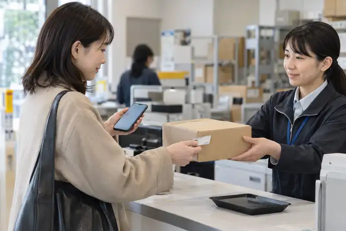 営業所の窓口で本人確認書類と送り状番号を提示して荷物を受け取る様子