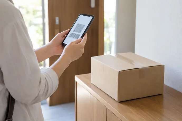 発送前にスマートフォンの受付コードと荷物を確認する場面