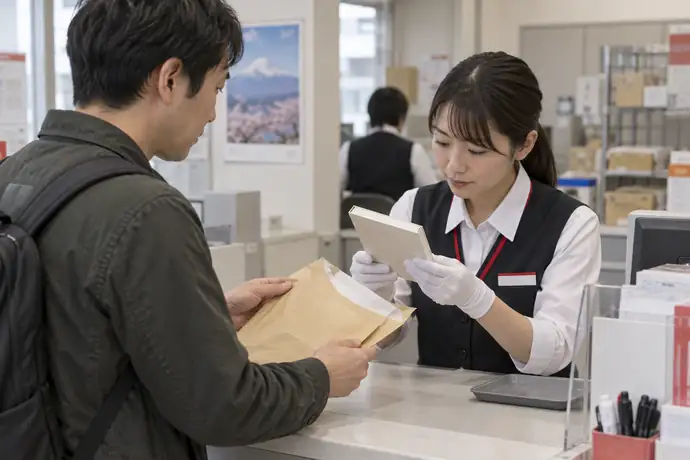 郵便局の窓口で差出人がゆうメールの冊子を提示し、担当者が内容品を確認している場面