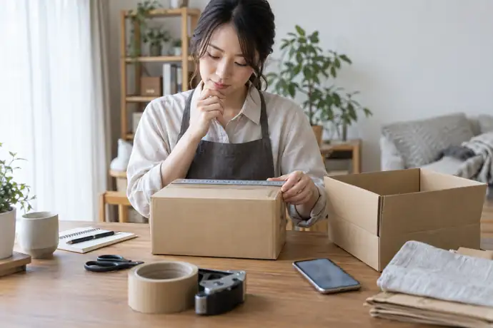 戻ってきた荷物のサイズを確認しながら、別の配送用段ボールへ切り替えるか検討する様子