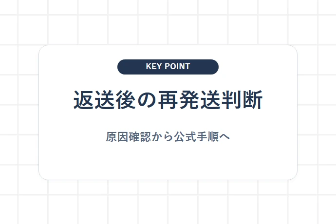 まとめ|返送理由とアプリの再発送条件を照合してから出し直す「返送後の再発送判断、原因確認から公式手順へ」を解説した図解