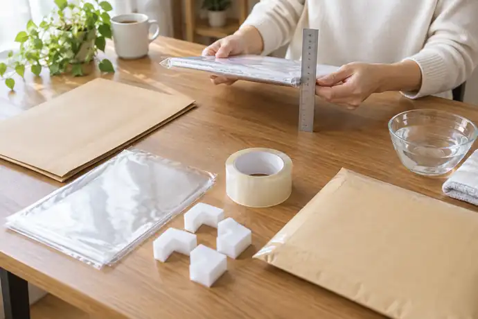 荷物を平らに整えて水濡れ対策を確認している梱包作業の場面