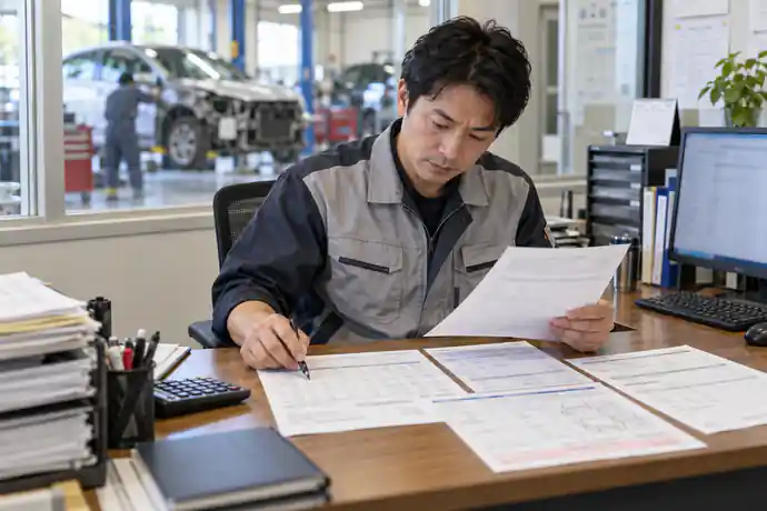 自動車修理工場の担当者が作業依頼書、修理見積、協定通知、請求書を案件ごとに照合している場面