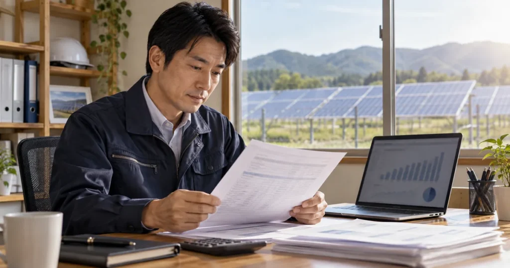 FIT発電事業者の売電代金を資金化する前に｜検針・買取契約・精算資料をイメージしたアイキャッチ