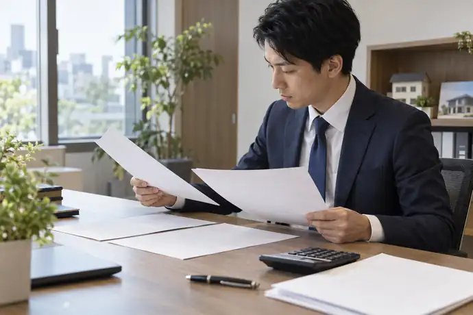 不動産会社の担当者が媒介契約書と売買契約書、精算資料を机上で照合する場面