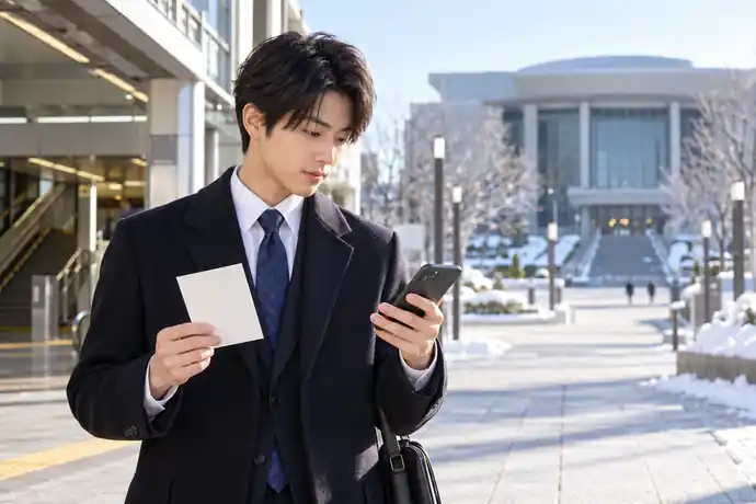案内はがきとスマートフォンを手に、式典会場までの経路を確認するスーツ姿の若者