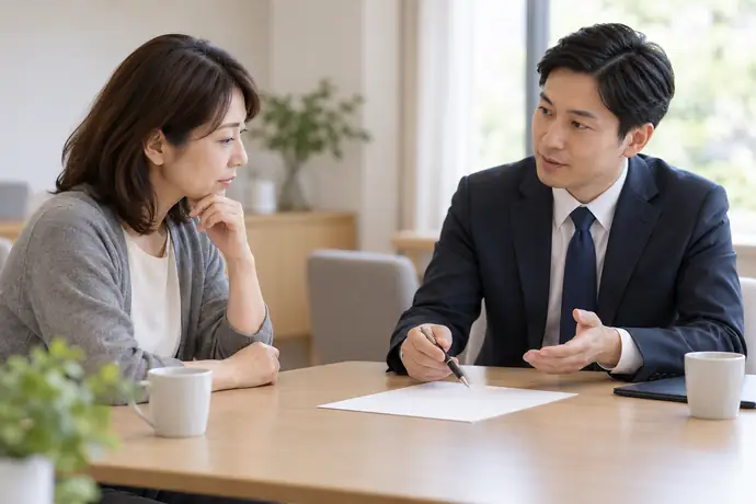 家族が葬儀社の担当者と斎場の利用範囲や手配内容を落ち着いて確認する場面