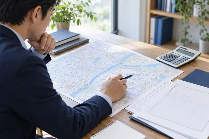 柏市の固定資産税路線価図と評価資料を机上で照合する様子