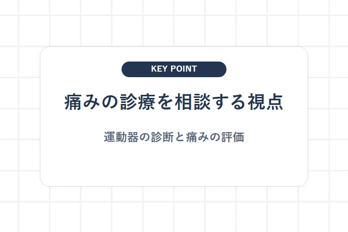 ペインクリニックと整形外科の役割の違い「痛みの診療を相談する視点、運動器の診断と痛みの評価」を解説した図解