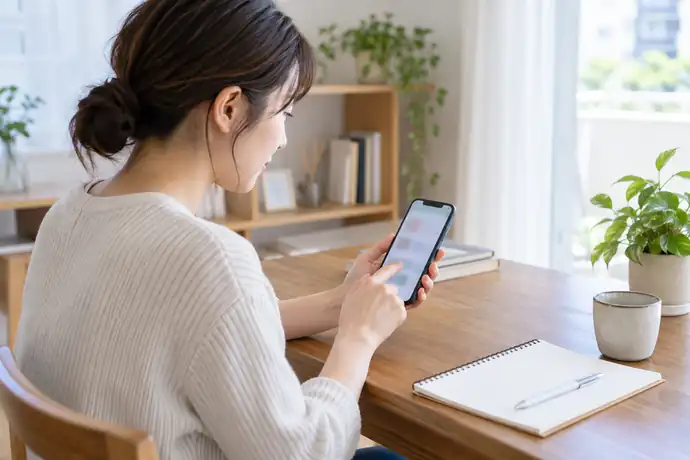 自宅の机でスマートフォンを見ながら形成外科の受診前確認をする人