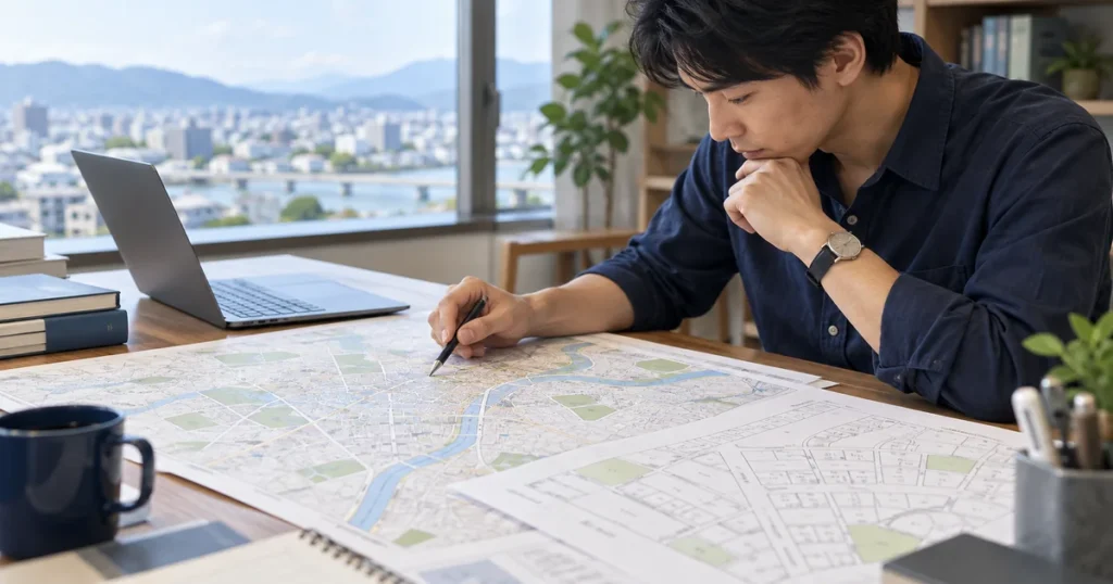柏市の道路台帳図と建築基準法道路種別の調べ方｜GISの活用法と窓口の使い分けをイメージしたアイキャッチ