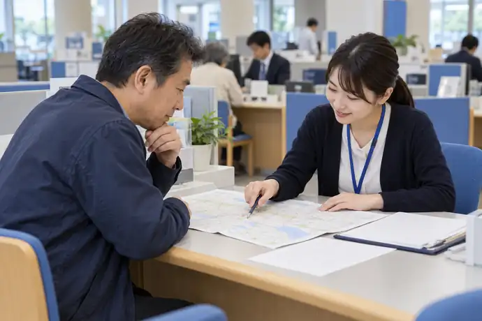 柏市の窓口で地図を見ながら建築基準法上の道路種別を確認するイメージ