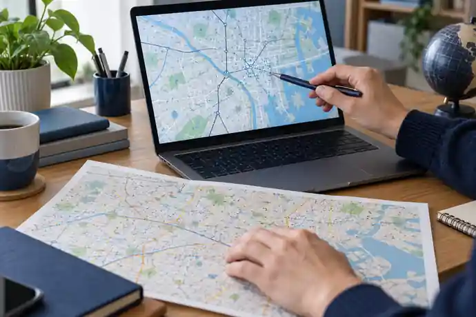 公開型GISの道路地図と窓口で確認する資料を比べるイメージ