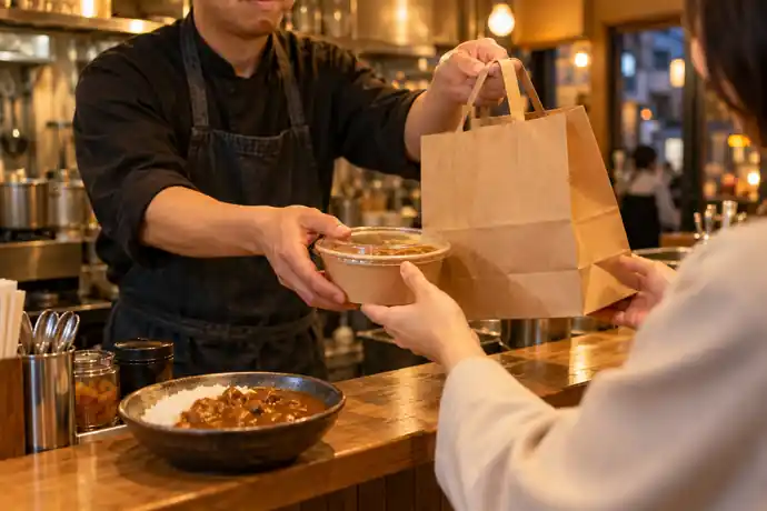 店名やロゴのないカレー店で、客が持ち帰り用カレーを受け取り、営業時間を確認している場面
