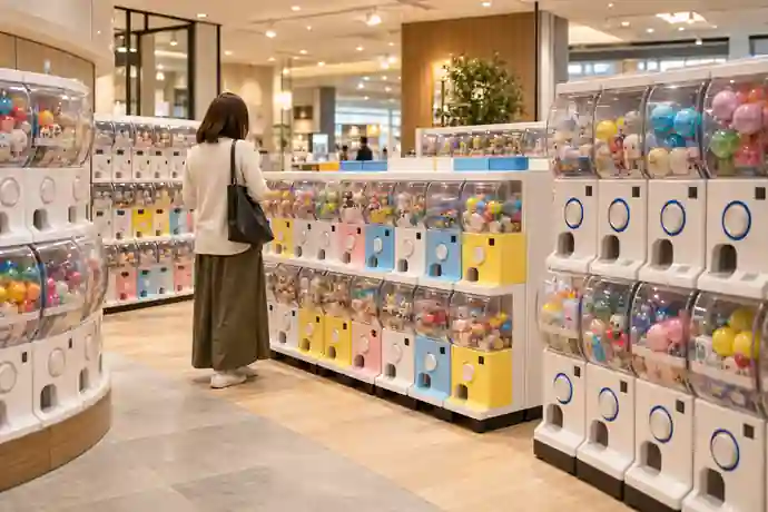 駅周辺のカプセルトイ売場で商品を探す様子をイメージした写真