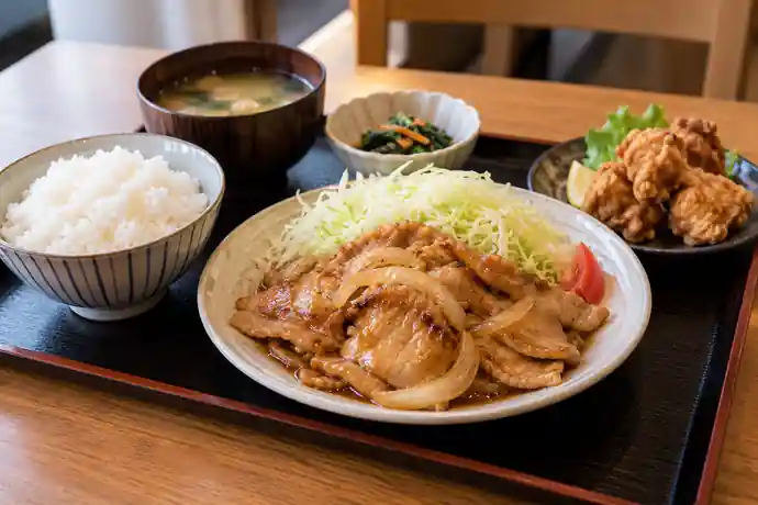 和食店のテーブルに並ぶ肉料理の定食を表現した食事イメージ