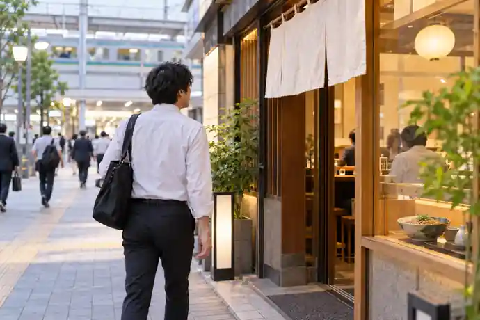 柏駅近くのそば店を訪ねる人が、駅周辺の飲食店エリアを歩いている場面