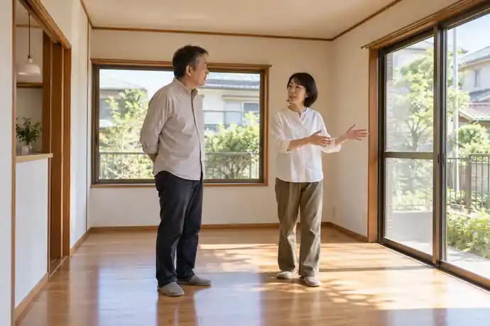 柏市内の空き家を地域の活動拠点として使えるか、所有者と活用希望者が室内を見ながら相談している場面
