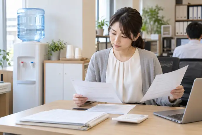 経理担当者がウォーターサーバーの請求書と納品記録を照合し、月次の証憑を確認する場面