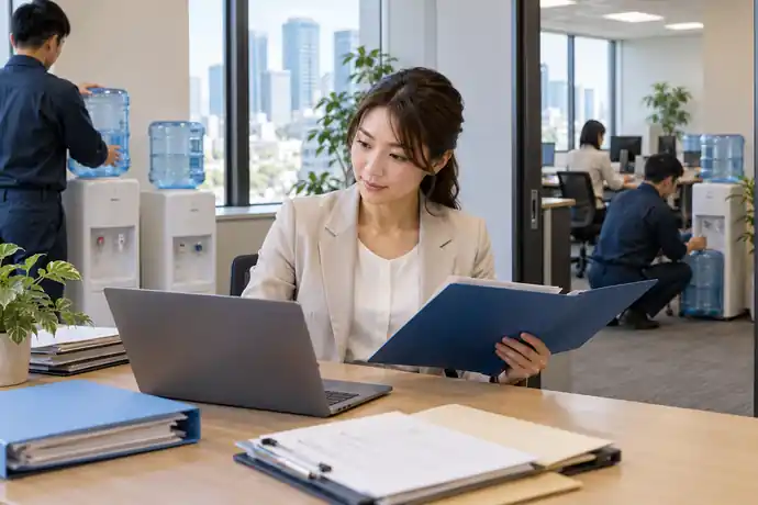 担当者が契約情報と拠点別の登録内容を確認する場面