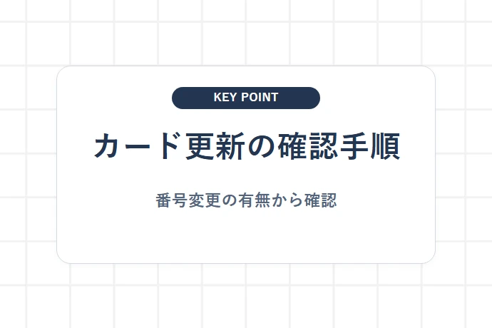 公式マイページ等でカード有効期限・情報を更新する手順「カード更新の確認手順、番号変更の有無から確認」を解説した図解