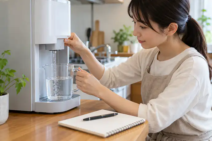 ウォーターサーバーから使う水を測り、用途別の記録を自宅の実績に置き換える家庭の様子。文字なし。