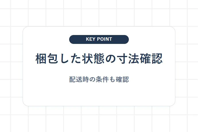 本体寸法ではなく梱包外寸と納品条件を確認する「梱包した状態の寸法確認、配送時の条件も確認」を解説した図解