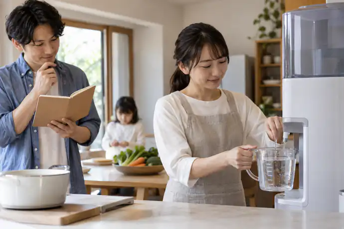 家族の予定を確認しながらウォーターサーバーの使用記録を見直す家庭の様子。文字なし。