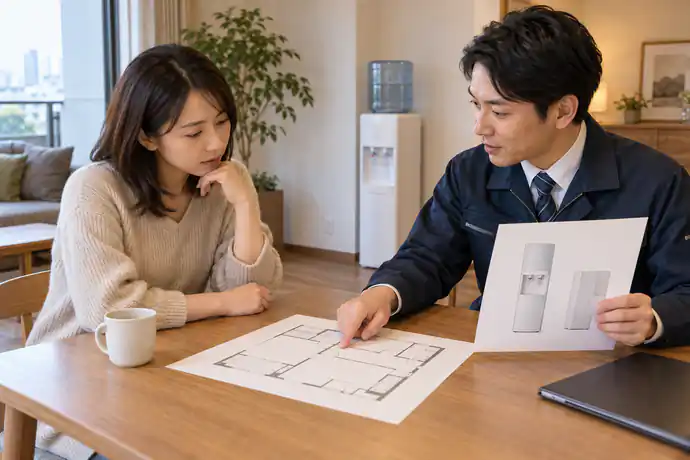 ウォーターサーバーの設置場所を前に、仕様書と建物の案内資料を見ながら管理窓口へ相談する家庭の人。文字なし。