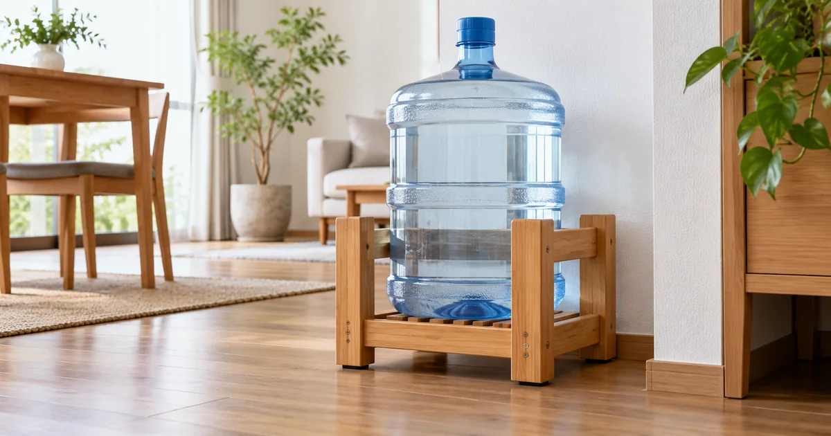 満水のウォーターサーバーボトルを安定した木製ラックで支える様子