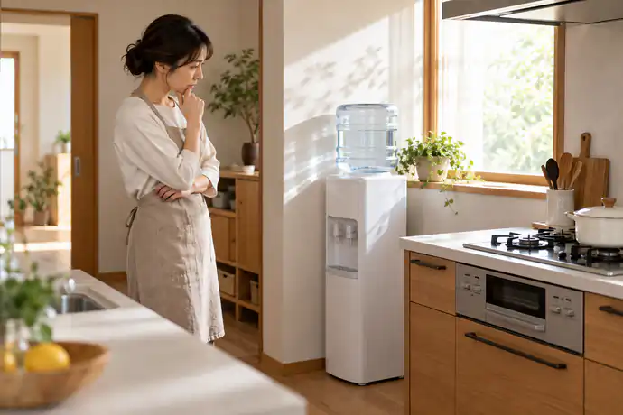 設置候補とキッチンの熱源の位置関係を見比べ、別の場所を検討する家庭の人。文字なし。