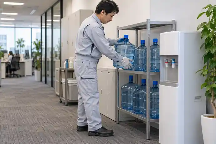 施設担当者がウォーターサーバー用ボトルの保管棚を整える場面