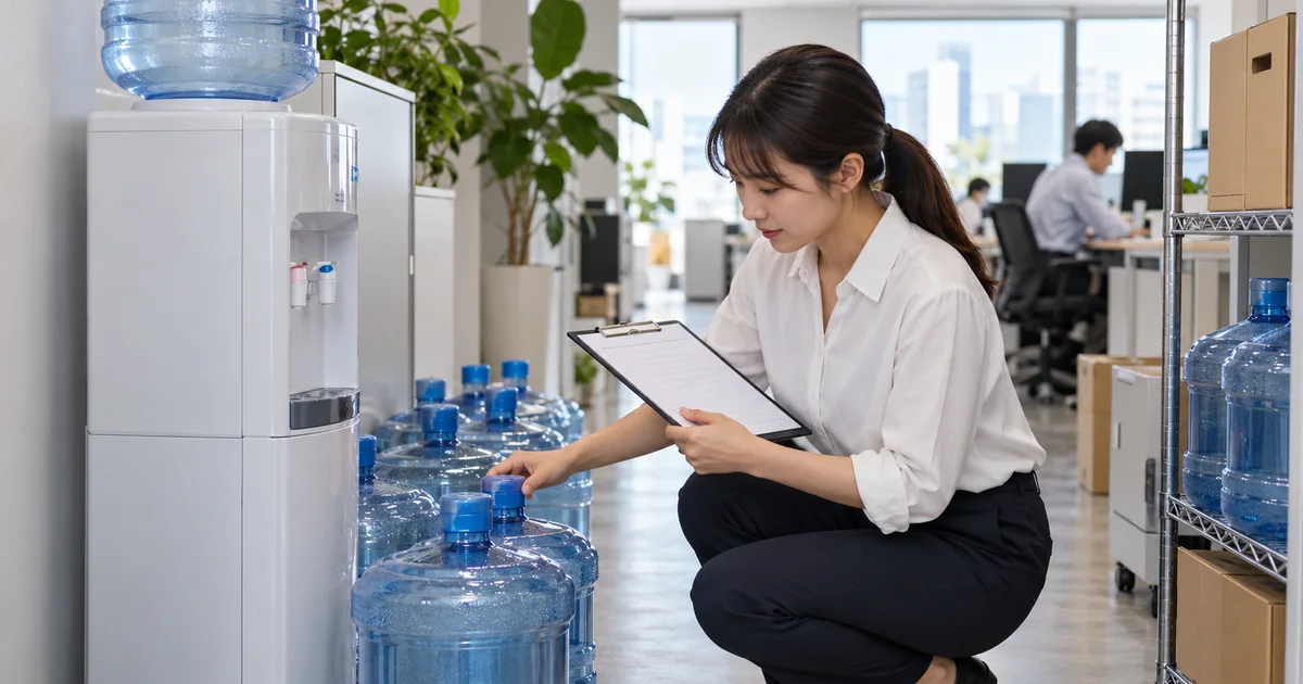 オフィス水量の実測・発注管理シート|出勤率と来客数に基づく過不足防止手順をイメージしたアイキャッチ