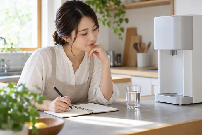 ウォーターサーバーのそばで使用量の記録を見ながら見直しを行う人。文字なし。