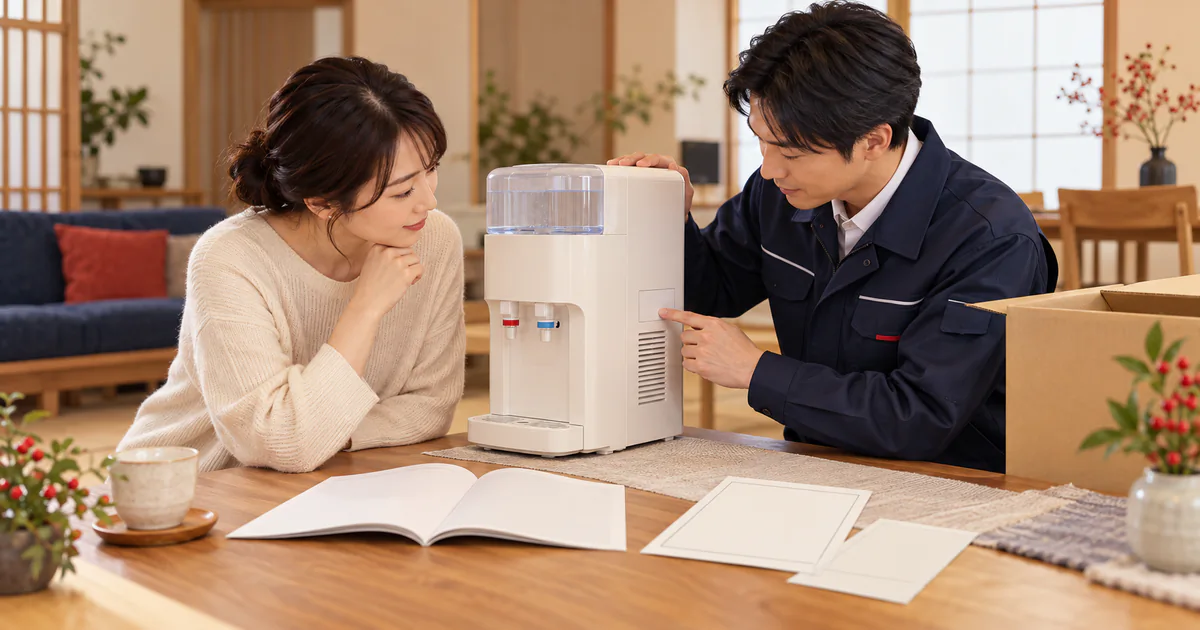 ウォーターサーバーを譲渡・買い取りするときの所有権と保証確認をイメージしたアイキャッチ画像
