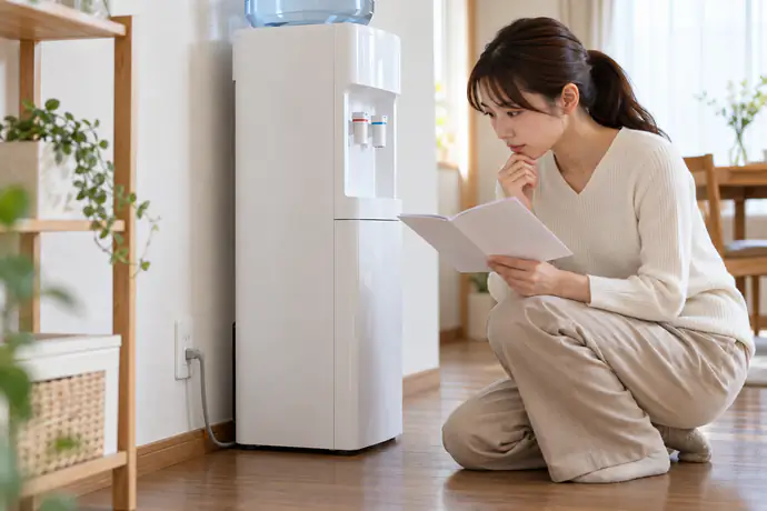 ウォーターサーバーの取扱説明書とコンセント周りを確認する家庭の人。コードは安全な状態で、過剰な家電や文字は描かない。