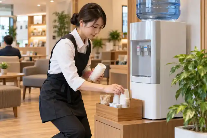 店舗スタッフが清掃・補充・点検を勤務の流れに組み込む場面