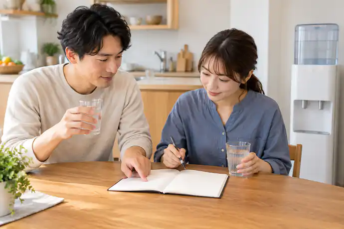2人でウォーターサーバーの使用記録を見比べ、平日と休日の差を確認する家庭の様子。文字なし。
