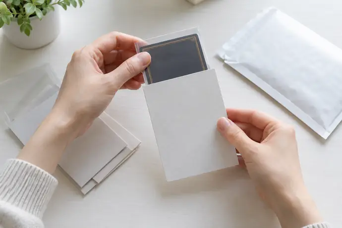 スリーブに入れたトレーディングカードを台紙の内側に収めて固定する梱包作業の手元