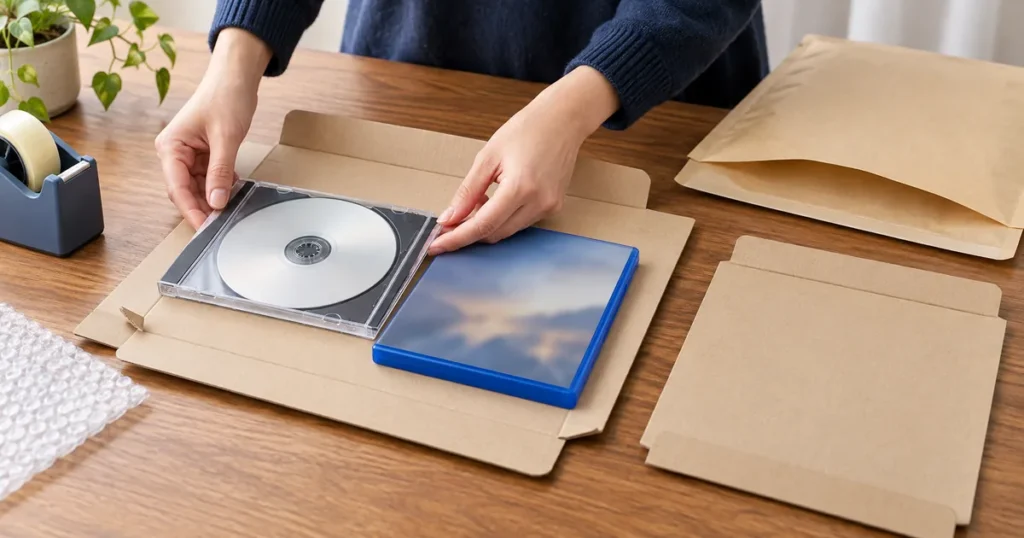 CD・DVD・ゲームソフトをゆうパケットポストで送る梱包方法｜ポスト投函時のケース割れを防ぐ固定構造をイメージしたアイキャッチ