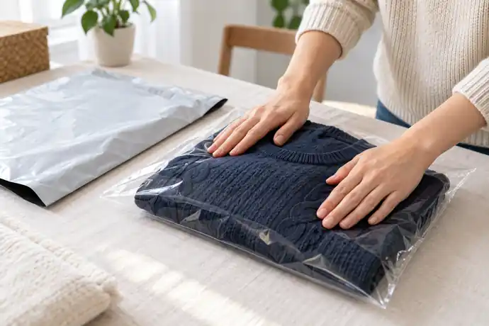 折り畳んだニットを発送用の袋に収め、局所的な膨らみがないか手で整えている場面