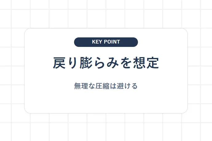 戻り膨らみを踏まえて配送方法を判断する「戻り膨らみを想定、無理な圧縮は避ける」を解説した図解