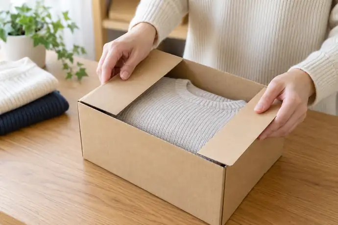 衣類を入れた小型の専用箱を変形させずに閉じられるか、手元で確かめている梱包場面