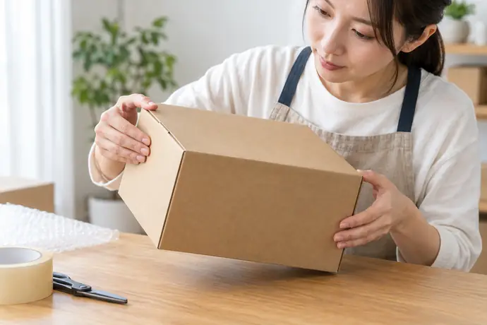 発送前に専用箱の角や側面に変形がないかを確認している様子