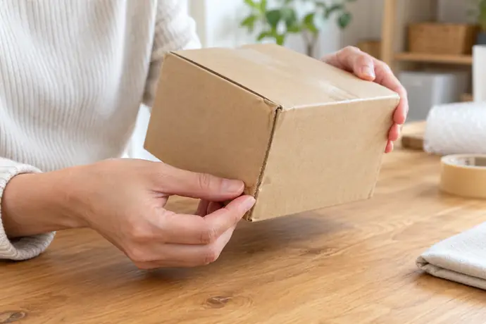 発送前に専用箱の角や側面の傷みを手で確かめる様子