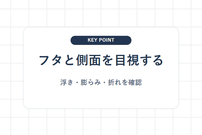フタと側面を押し広げずに確認する「フタと側面を目視する、浮き・膨らみ・折れを確認」を解説した図解