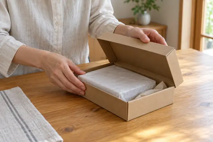 ゆうパケットプラスの専用箱に入れた荷物を、発送前に無理なく閉じられるか確認する場面